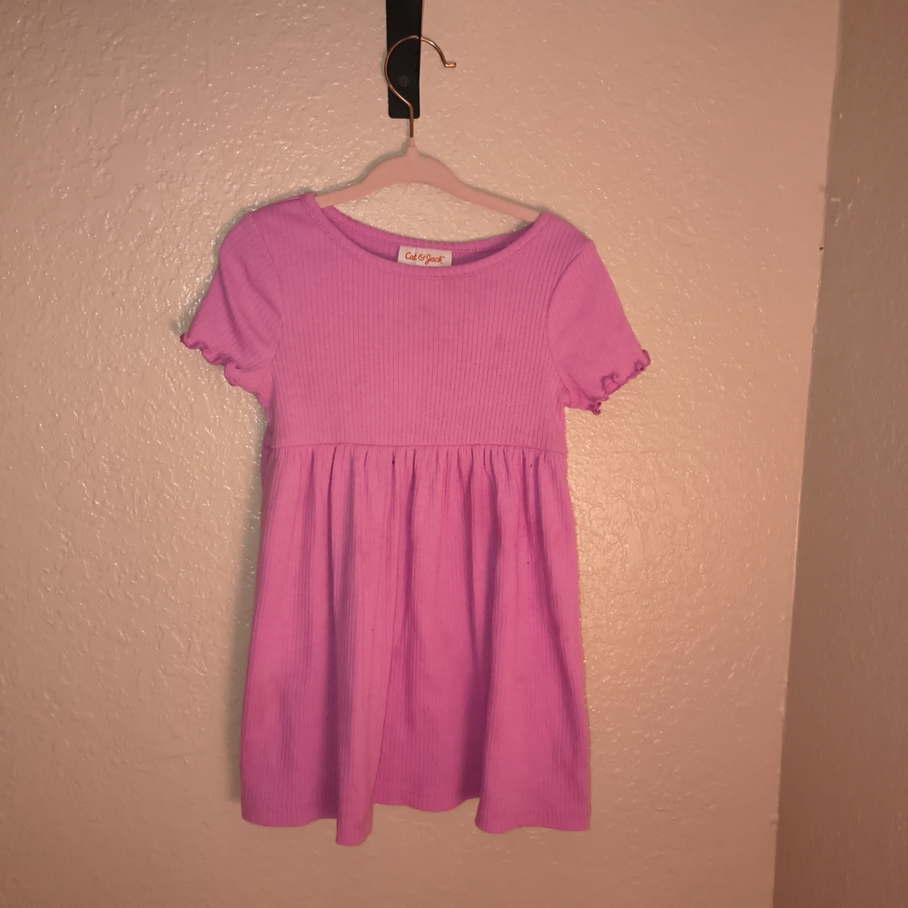 Cat & Jack Pink Ribbed Short Sleeve Gathered Waist Dress
